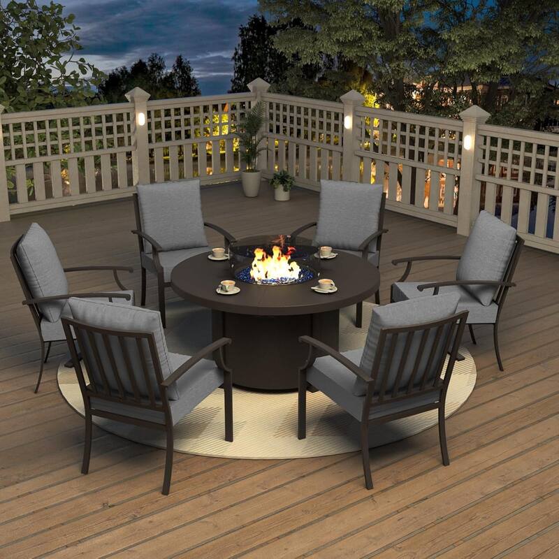 Metal 7 Piece Outdoor Dining Set with Round Fire Pit - 6Chairs + RoundFirepit