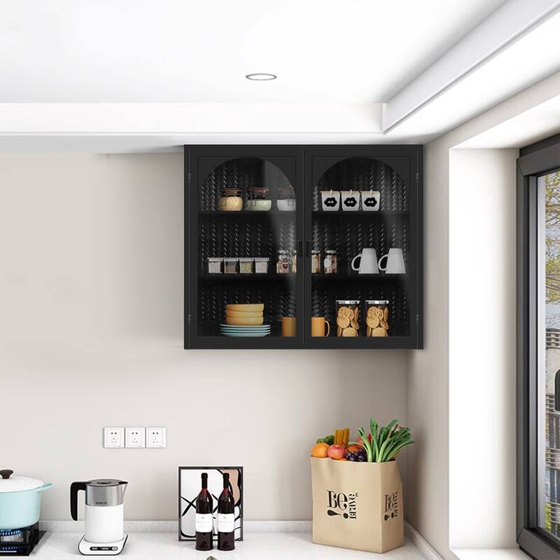 Roomfitters 27.56" Modern Glass Door Wall Cabinet with Three-Tier Storage for Entryway, Living Room, Bathroom
