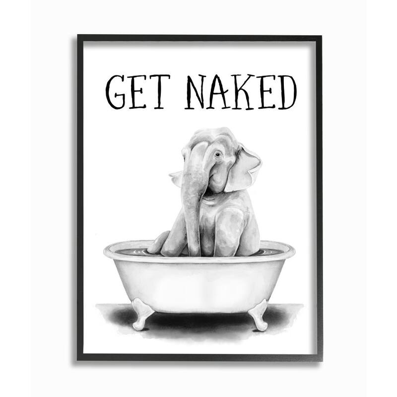 Stupell Elephant Bathroom Humor Get Naked Phrase Animal Tub Framed Wall Art - White - 11 x 14 - Black