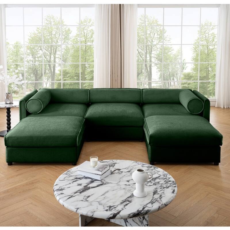 Modern 3-seater Chenille Sectional Sofa with Hidden Storage Seats & Ottoman