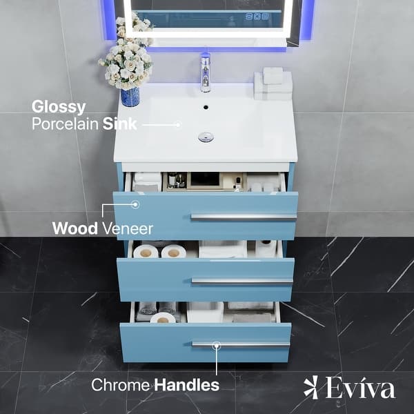 Eviva Olivia 28 in. W x 14 in. D x 34 in. H Single Sink Freestanding Bath Vanity in Blue with White Porcelain Top
