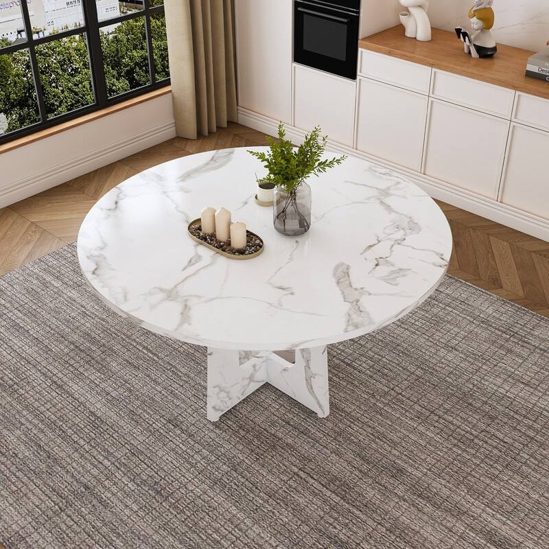 47.24" Round Marble White Finish Dining Table, Farmhouse Kitchen Table