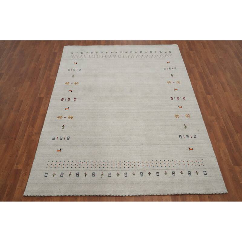 Hand Knotted Oriental 100% Wool Carpet Tribal Animal Pictorial Beige & Ivories Gabbeh Area Rug - 8' 0'' X 6' 0''