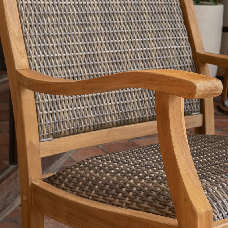 Cambridge Casual Camden 3-Piece Solid Teak Wood Outdoor Wicker Rocking Chair Set with Padded Woven Seat