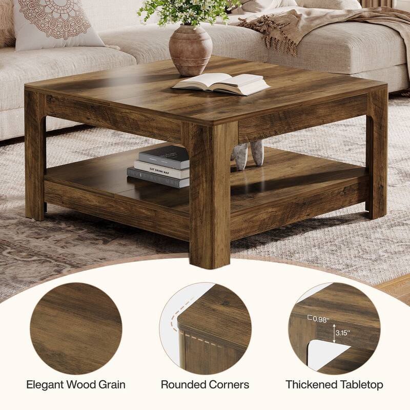 Farmhouse Wooden Square Coffee Table with 2-Tier Storage