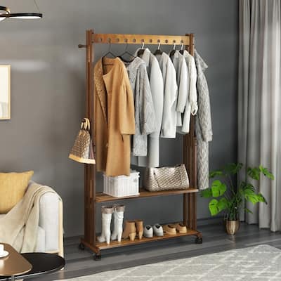 Rolling Bamboo Clothes Stand Garment Hanging Rack Organizer