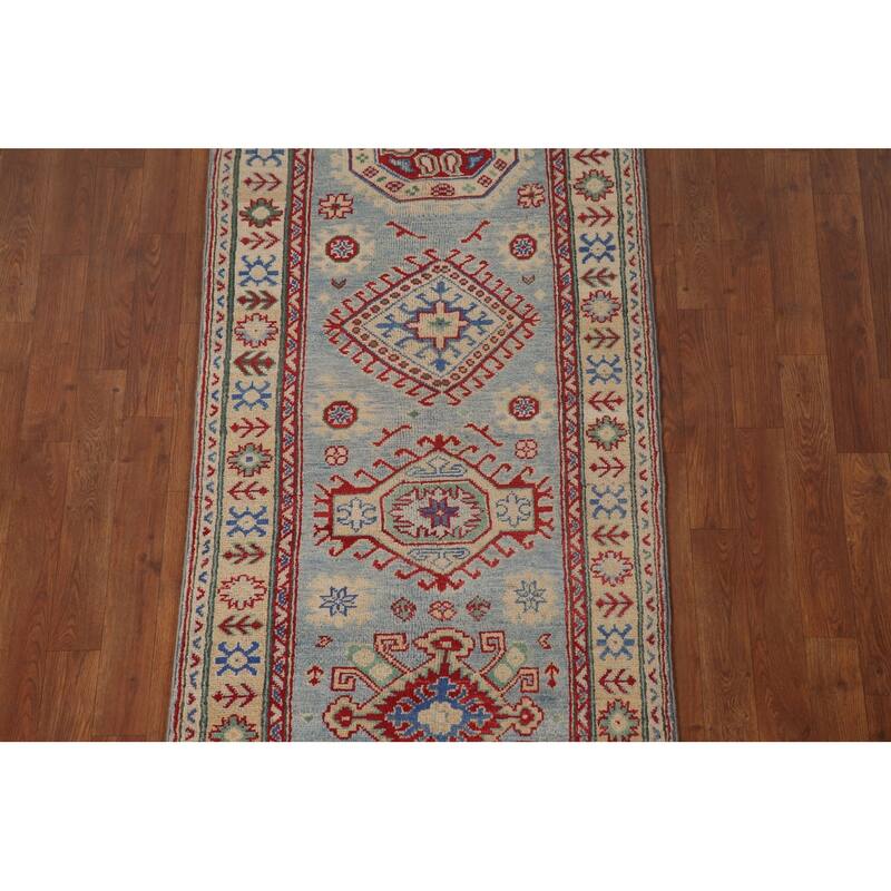 Light Blue Kazak Runner Rug Hand-Knotted Wool Carpet - 2'7" x 15'9"