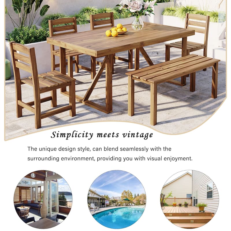 6 Piece Patio Furniture Set, Acacia Wood Outdoor Dining Table and Chairs Set with Rectangular Table, 4 Chairs and Bench