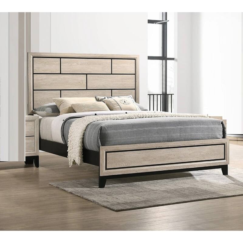 Queen Size Wood Contemporary Platform Bed with Geometric Headboard