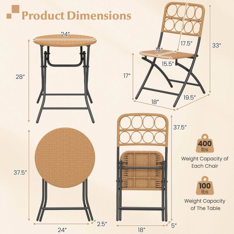 Costway 3 PCS Patio Bistro Set with Wicker Seat & Tabletop for - See Details