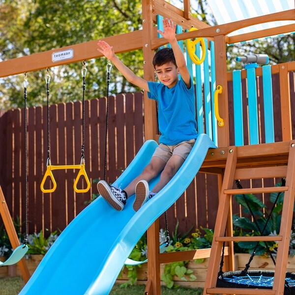 Teamson Kids Wooden Outdoor Swing Set with Slide, Rock Wall