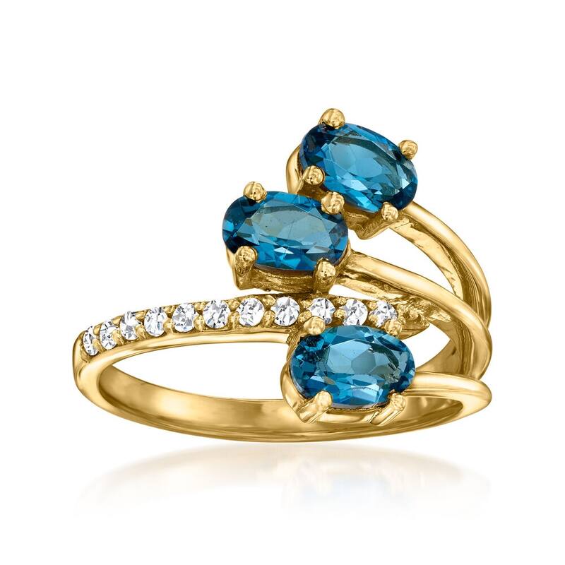 925 Sterling Silver Over yellow Gold Plated London Blue Topaz With White Zircon Gemstone Ring