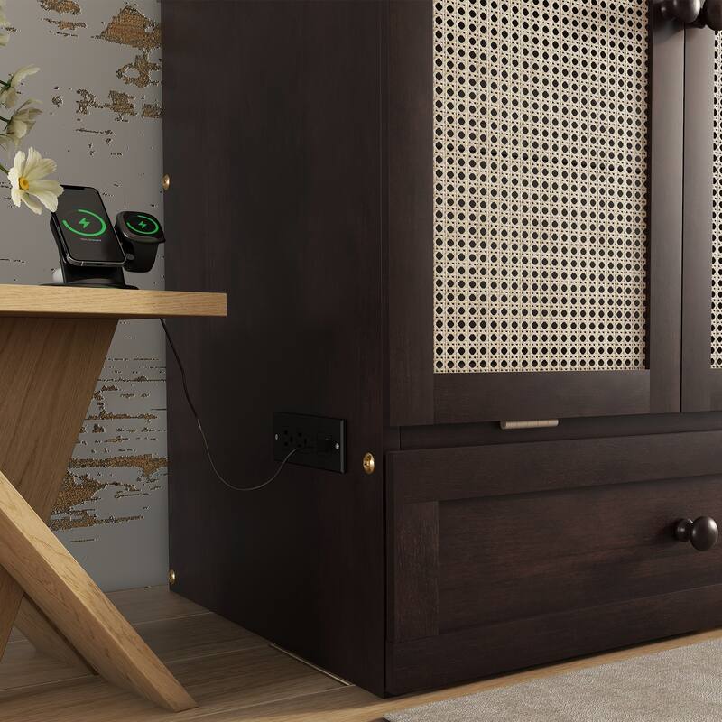 Queen Size Murphy Bed Foldable to Space Saving Rattan Cube Cabinet Convertible Platform Bed Frame with Power Station and Drawer