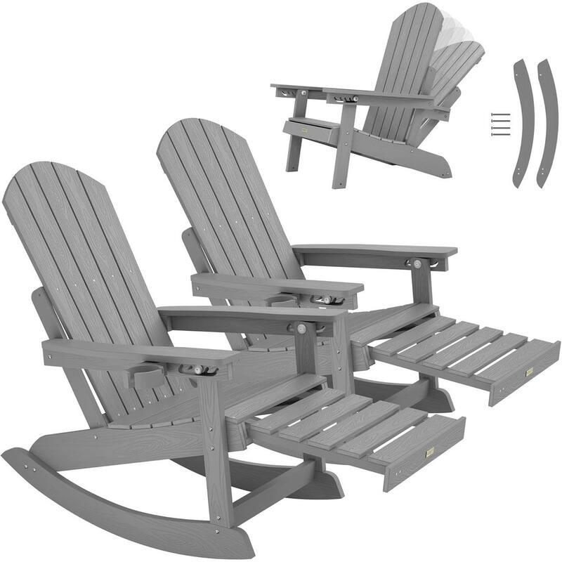 WINSOON HIPS Outdoor Rocking Chair with Adjustable Backrest and Retractable Ottoman-Set of 2 - Grey