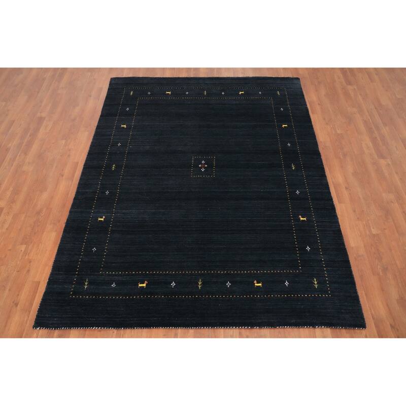 Hand Knotted Oriental 100% Wool Carpet Tribal Animal Pictorial Navy Blue & Blues Gabbeh Area Rug - 8' 0'' X 6' 0''