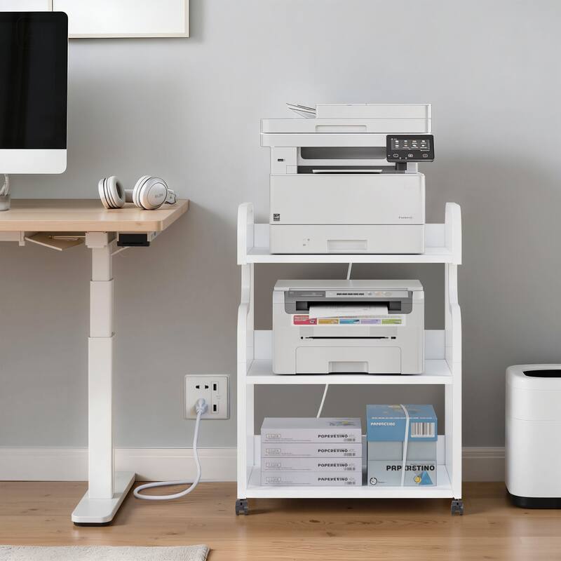 Javlergo 2-in-1 White Rolling Utility Cart with Outlets & USB Ports 3-Tier Open Shelf or 2-Tier with Door Cabinet Office Cart