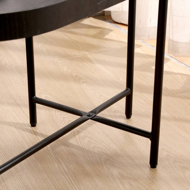 Modern 2-Tier Sofa Side Table with Storage - Black Metal Frame & Wooden Tray