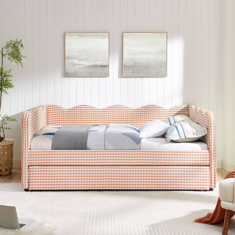 Upholstery Daybed Full Size Sofa Bed with Twin Size Trundle and Charging Ports, Linen Fabric Plaid Pattern and Wavy Silhouette