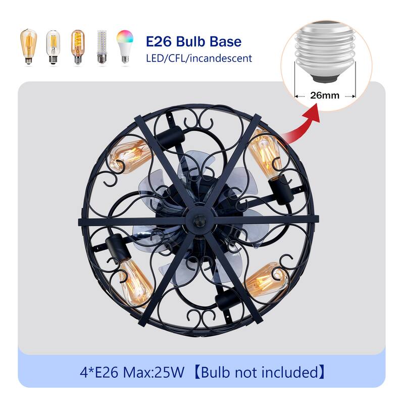 20 inch Flush Mount Ceiling Fan Light with Remote Caged Farmhouse Fandelier Black Wood Low Profile - Sand Black(Bulbs not included) - Wrought Iron