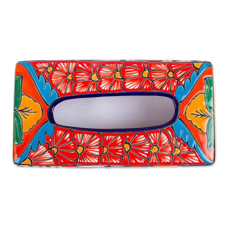 Handmade Hacienda Convenience Ceramic Tissue Box Cover (Mexico) - Multi colour - 2.8" H x 11" W x 5.75" D