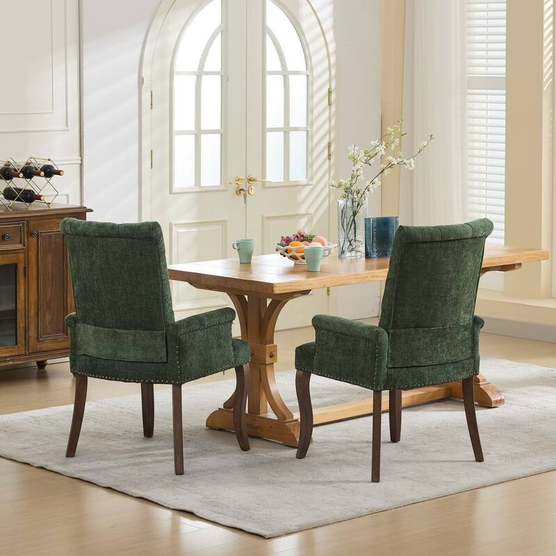 Upholstered Chenille Dining Chairs, Tufted Accent Armchairs with Curved Solid Wood Legs, Dining Room Arm Chair