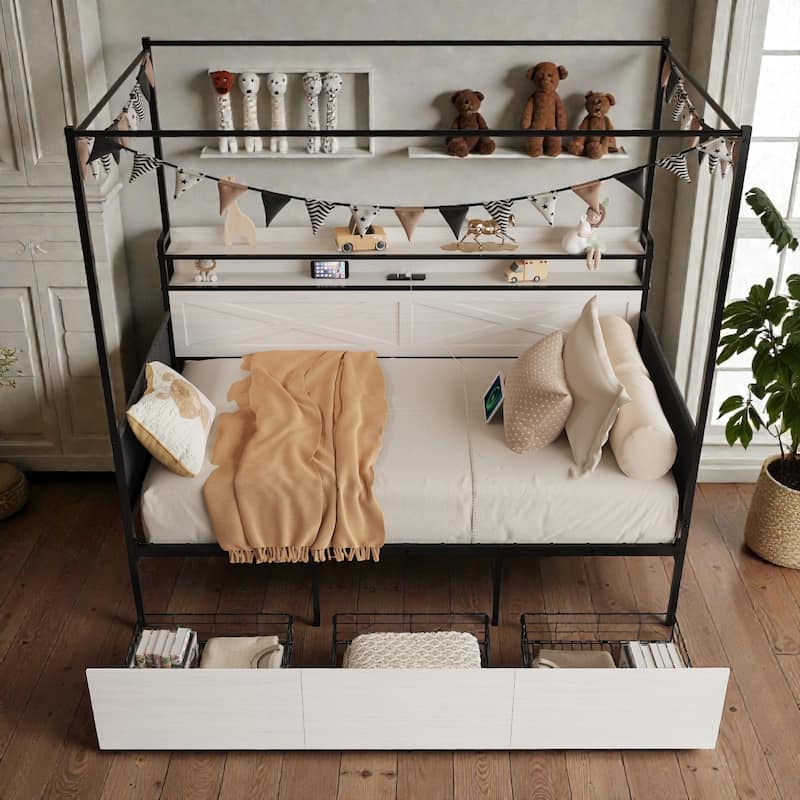 Modern Twin Bed with Storage Drawers, LED Lights and Charging Station, Twin Daybed Frame No Box Spring