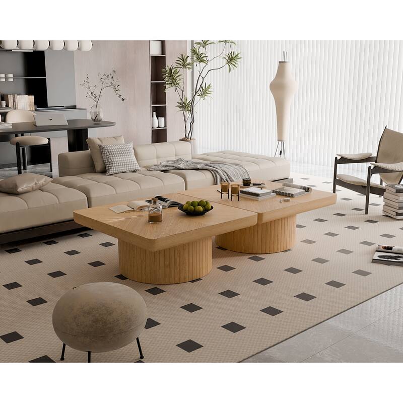 34.6" Square Coffee Table for Living Room, Modern Wood Veneer Top with Parquet Pattern & Cylindrical Base