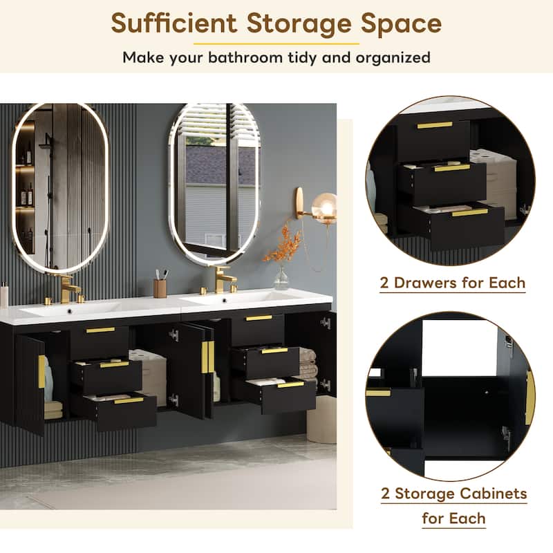 72" Floating Bathroom Vanity with Double Resin Sinks, Wall Mounted Cabinet with 4 Drawers, Modern MDF Storage