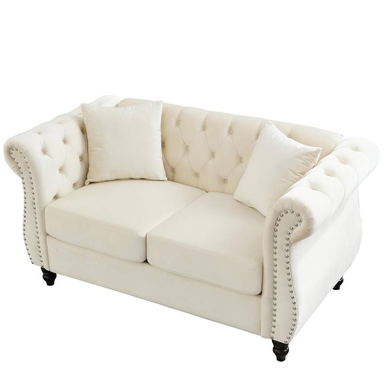 58.8" Velvet Chesterfield 2-Seater Sofa with Rolled Arms, Nailhead Trim, and 2 Pillows