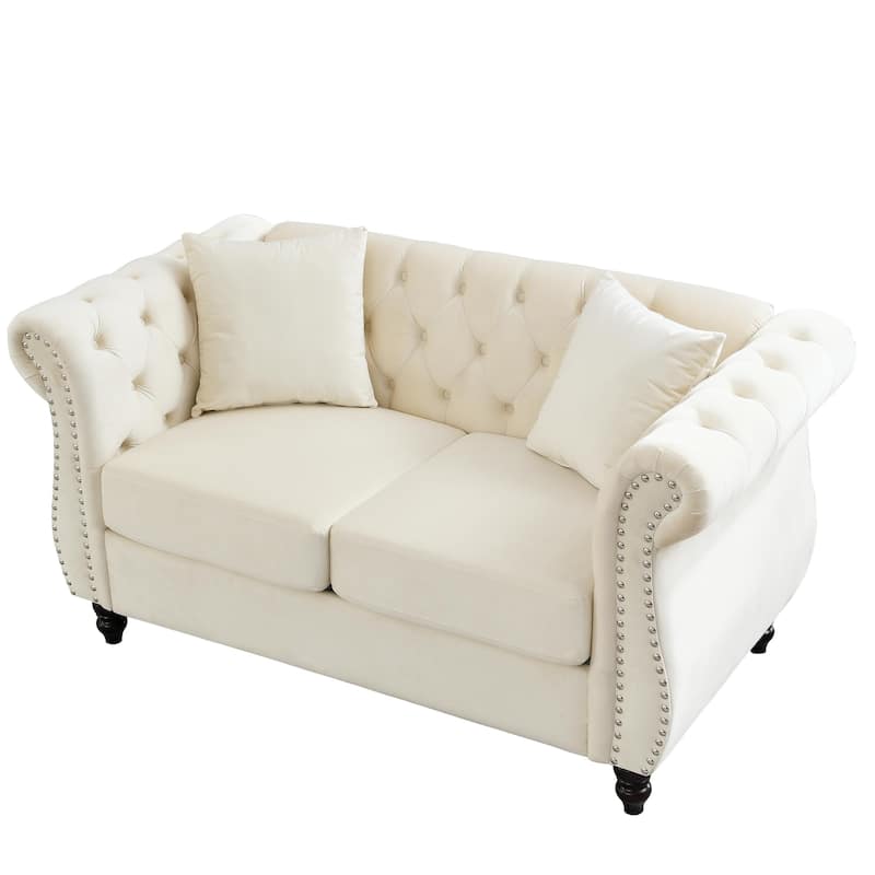 Velvet Chesterfield Loveseat Sofa, Rolled Arms, Nailhead Trim