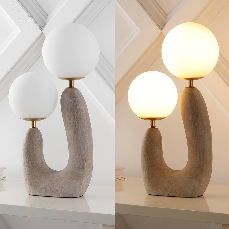 Oda 18" 2-Light Mid-Century Scandinavian Resin/Iron/Frosted Glass Cactus LED Table Lamp, Gray Wood Finish by JONATHAN Y