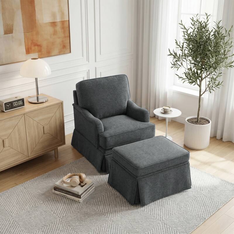Modern Chenille Swivel Armchair and Storage Ottoman