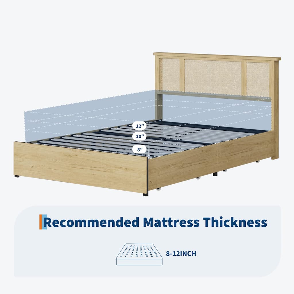 Boho Rattan Headboard Bed Frame with Under-Bed Storage, Sturdy Steel Base & Wooden Slats, No Box Spring Needed
