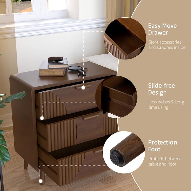 SUNBURY Solid Wood Brown Nightstand with 3-Drawers