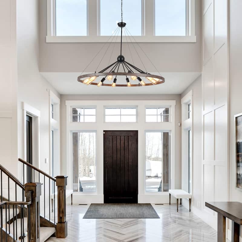 12-Light W43.3" x H90.55" Wagon Wheel Chandelier for Study Bedroom