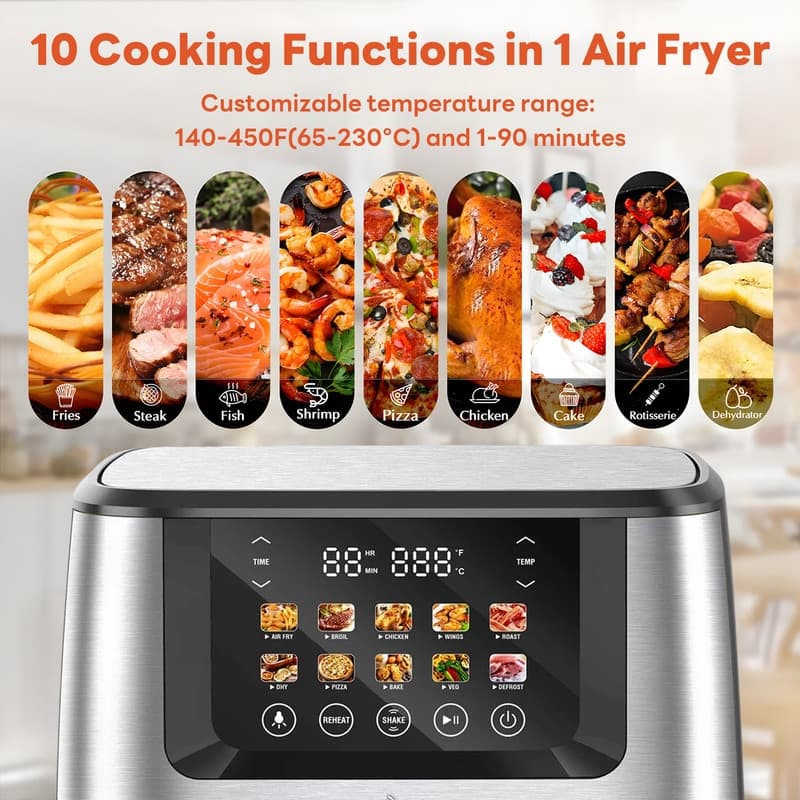 Air Fryer with Color LCD Display Touchscreen with ClearCook Cooking Window,Broil,Roast,Dehydrate,Bake