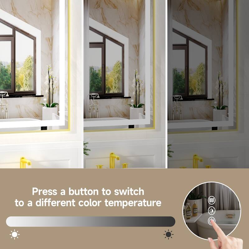 Modern Gold LED Bathroom Mirror with Dual Light Strips and Anti-Fog Dimmable for Horizontal or Vertical - 24” x 32” x 0.16”