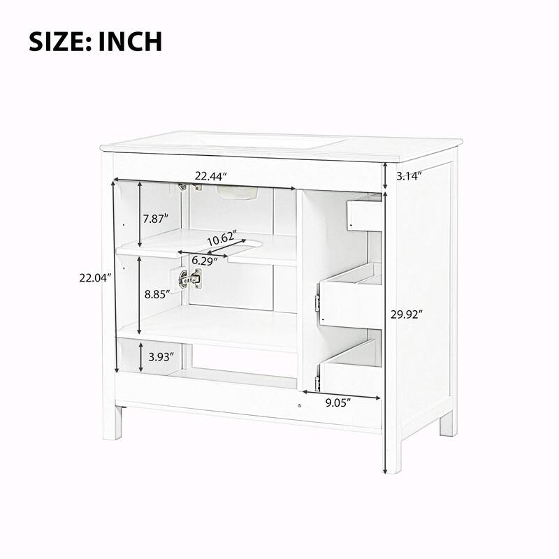 36" Bathroom Vanity - Sink Top, Two Doors, Two Drawers, and Open Shelf