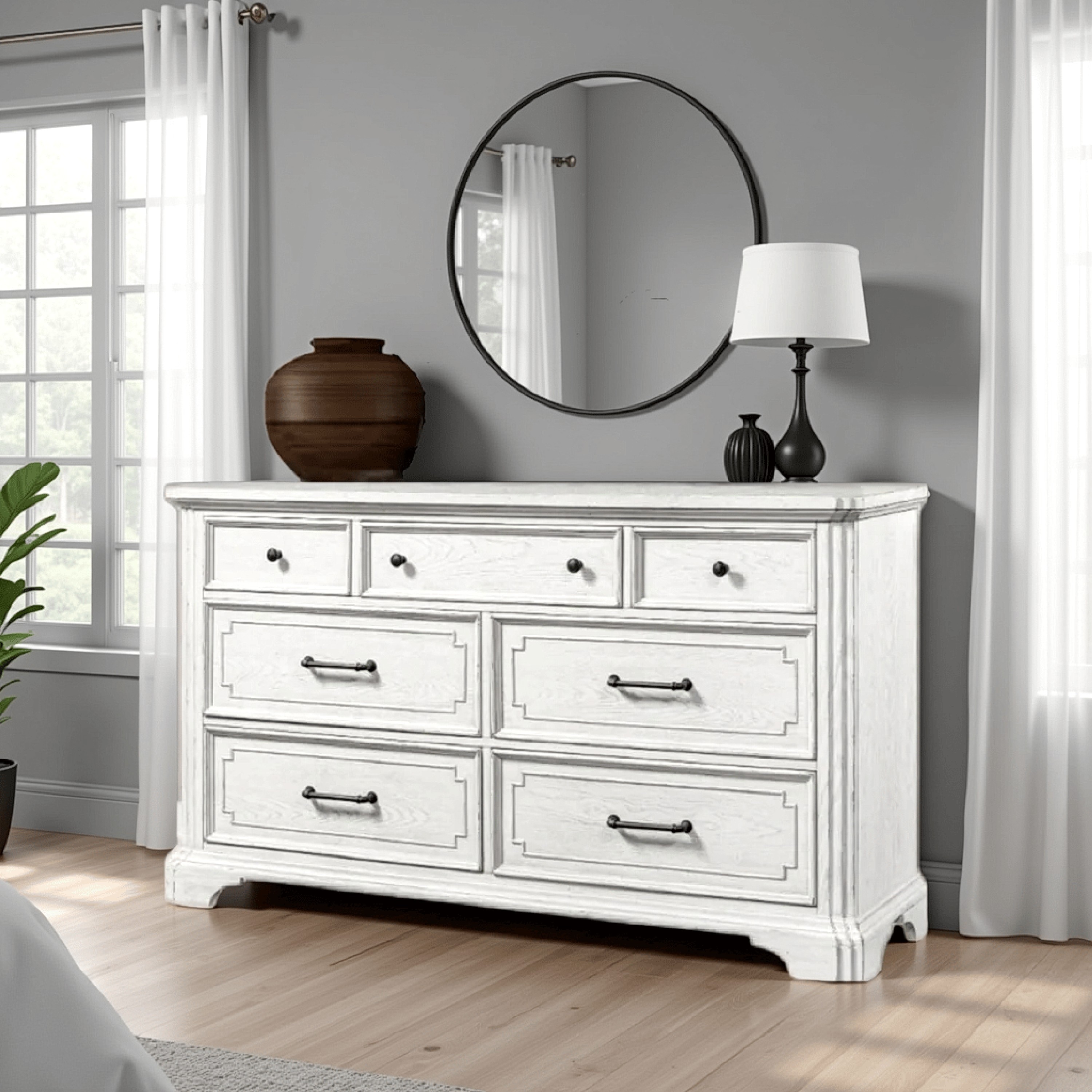 Lesy Wide Dresser, 7 Drawers, Black Metal, Vintage White Poplar Wood