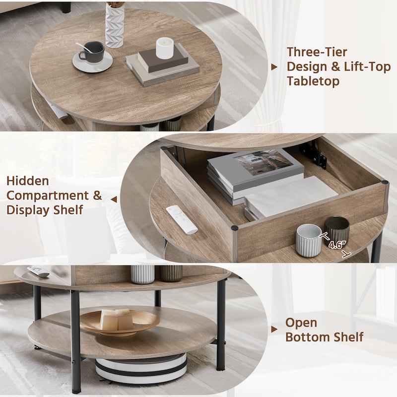 Yaheetech Round Lift Top Coffee Table with Hidden Compartment & Storage Shelf