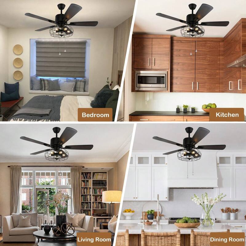 Cusp Barn Industrial Ceiling Fan Black Caged Chandelier Fan with Remote and 5 Wooden Reversible Blades for Kitchen