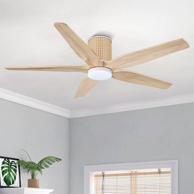 54 Inch. 5 Blades Dc Motor Indoor Flush Mount Ceiling Fan With light kit and Remote - 54" - Wood/White