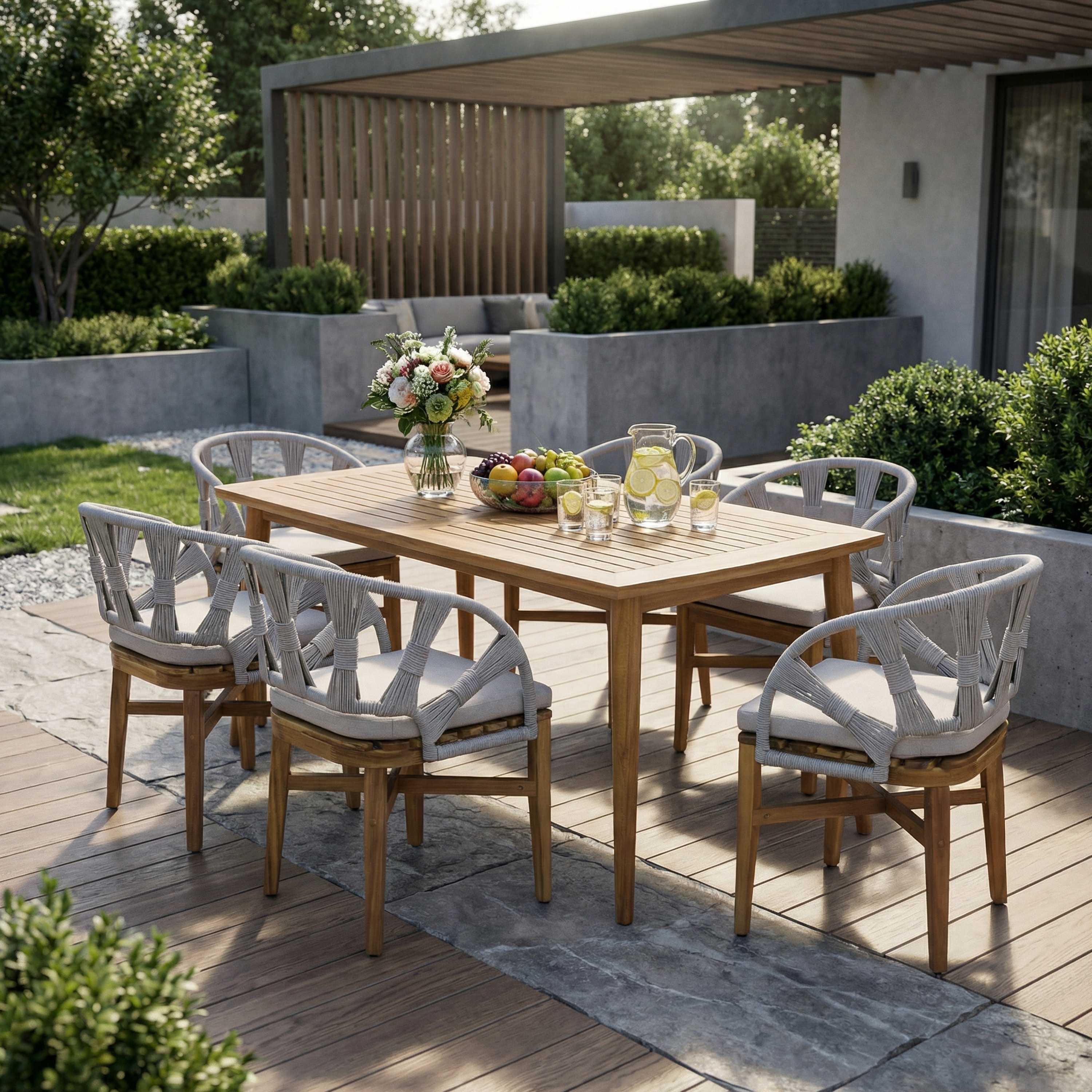 Christopher Knight Home - Modern 7-Piece Outdoor Acacia Wood Dining Set with 71" Rectangular Slat Table and Woven Rope Armchairs