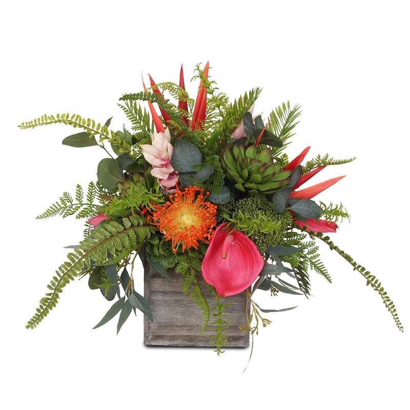 Assorted Tropical Flowers and Greens Silk Flower Arrangement in Pot - 13W x13D x 15H