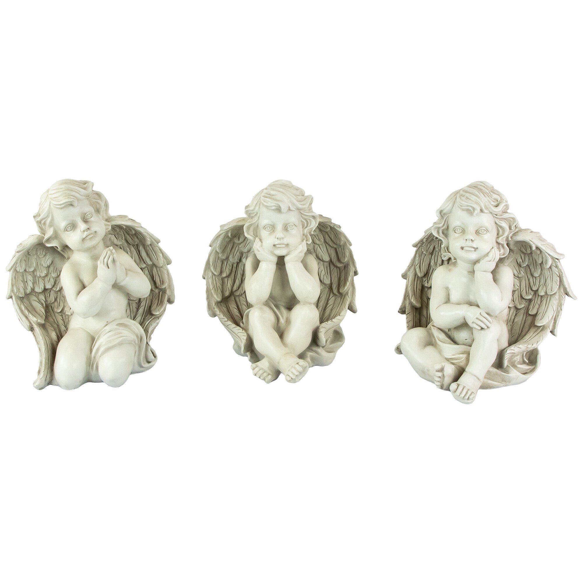 Set of 3 Gray Sitting Cherub Angel Outdoor Garden Statues 11"