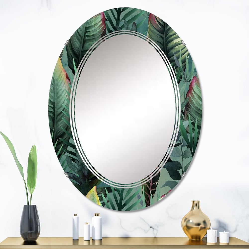 Designart 'Tropical Palm Leaves In Jungle' Printed Traditional Wall Mirror
