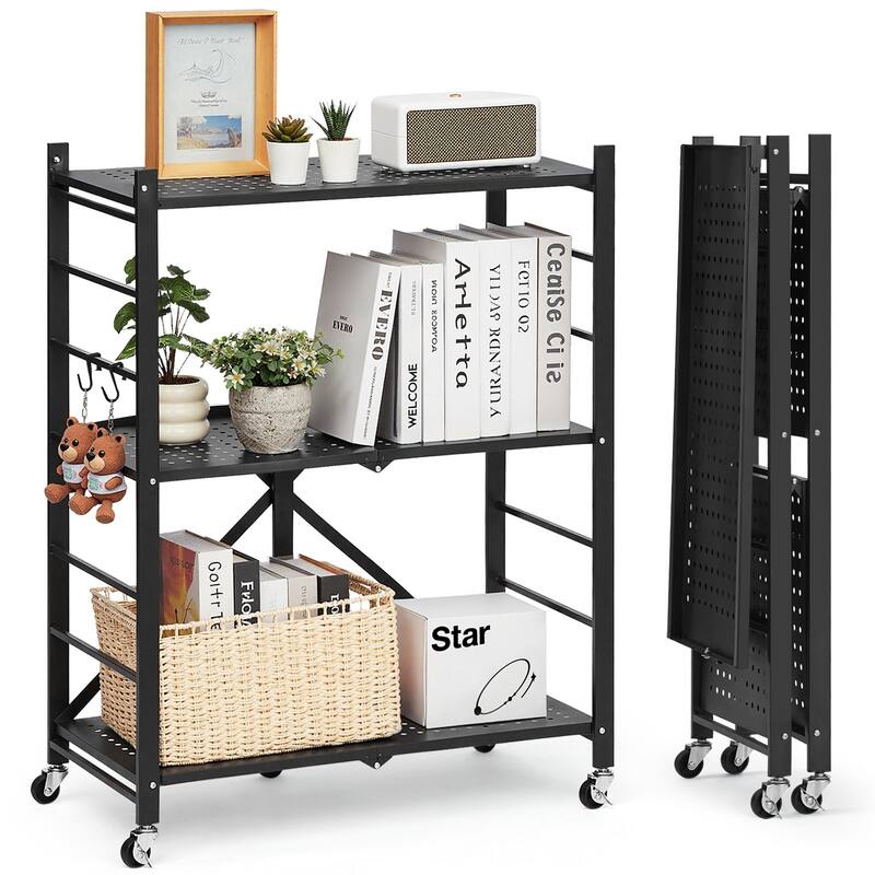 Black Carbon Steel Folding Garage Storage Shelf with Casters, 570 lbs Load and J-Hooks - 13 x 28 x 36 in - Black