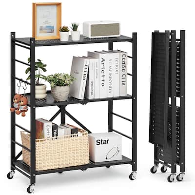 Black Carbon Steel Folding Garage Storage Shelf with Casters, 570 lbs Load and J-Hooks - 13 x 28 x 36 in