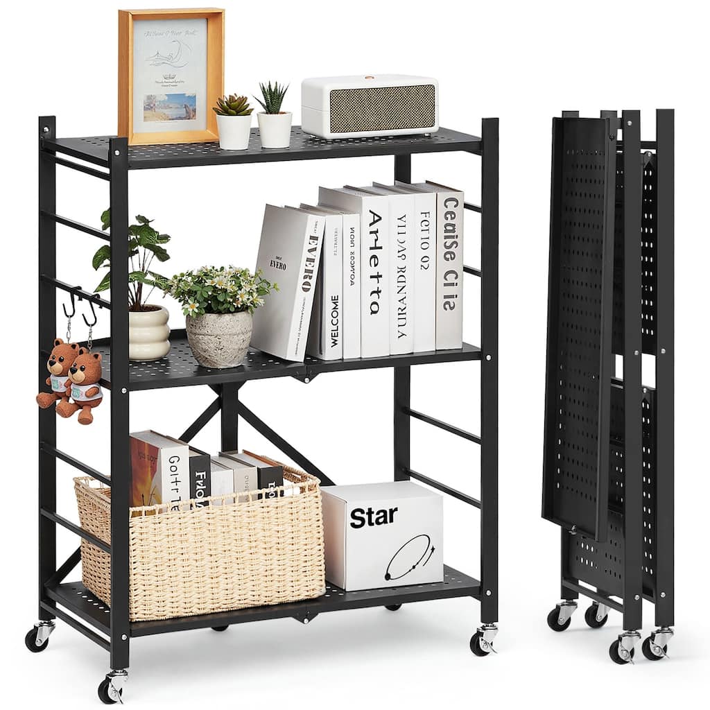 Black Carbon Steel Folding Garage Storage Shelf with Casters, 570 lbs Load and J-Hooks - 13 x 28 x 36 in