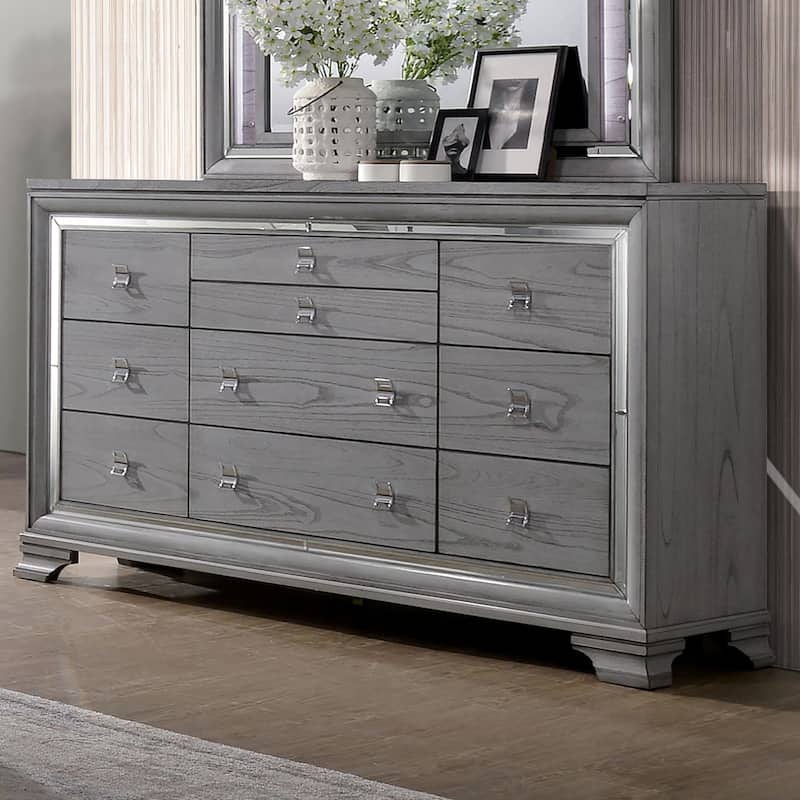 Furniture of America Taia Contemporary Grey 3-Piece Panel Bed, Nightstand and Dresser Set with LED